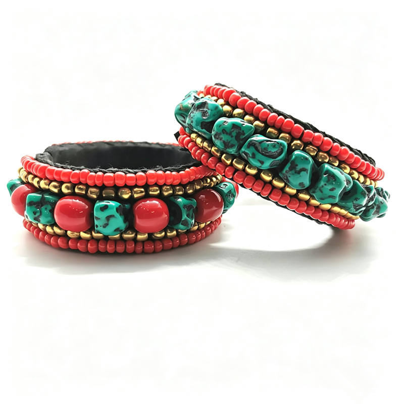 Ethnic Fashion Com - チベット民族の手作りバングル、模造ターコイズナゲットビーズオープンカフ BB-101