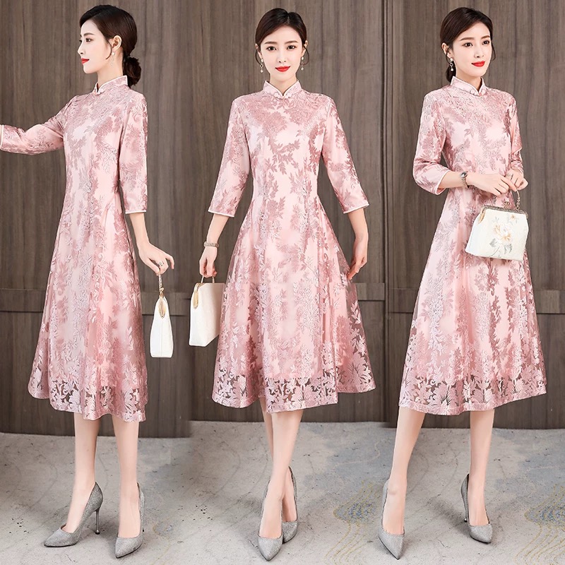 Ao Dai Vietnam Dress - エレガントな女性 Aodai ベトナムチャイナオリエンタル宴会イブニングウェディングレースドレスパフォーマンスダンス衣装