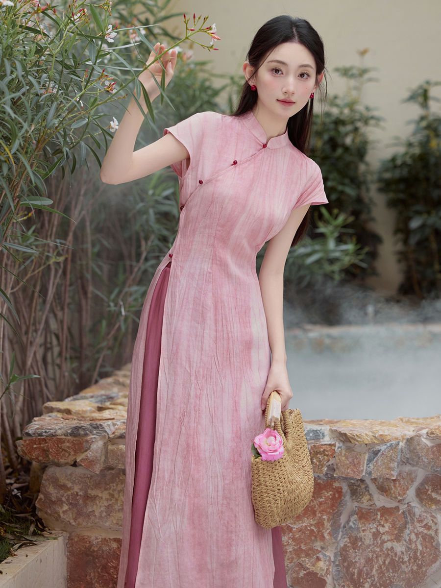 Ao Dai Vietnam Dress - 女性のためのパンツ付きヴィンテージロングドレス、qiPaoピンクのエレガントなチョンサム、ビetinaodai中国のスタイル、春と夏