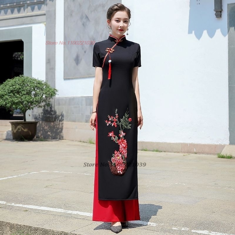 Ao Dai Vietnam Dress - 2026 ベトナム伝統的なアオダイドレス + パンツセット改良された袍ドレス花刺繍ドレスアオダイエレガントな宴会パーティードレス