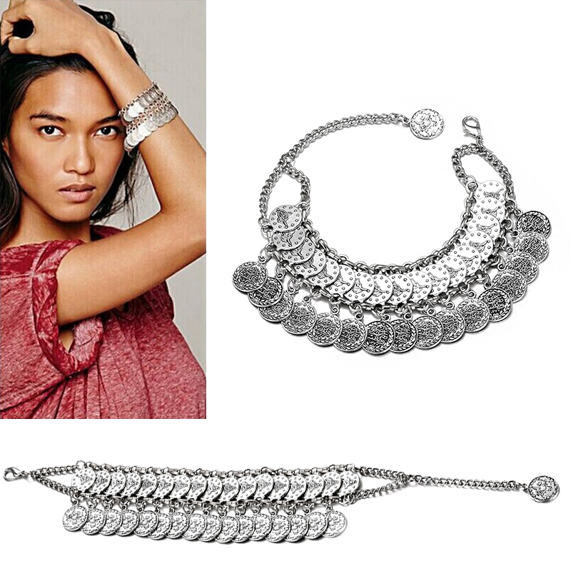 Ethnic Fashion Co In - 女性のためのエスニックボヘミアンスタイルの手作りジュエリー,調節可能なコイン,タッセル,ヴィンテージボヘミアンブレスレット,ビーチジュエリー