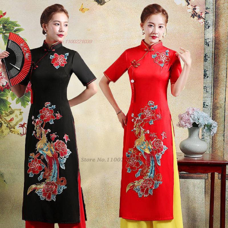 Ao Dai Vietnam Dress - 2026年ヴィンテージアオザイベトナム伝統衣装花柄刺繍ベトナムローブとパンツベトナム衣装改良版チャイナドレス