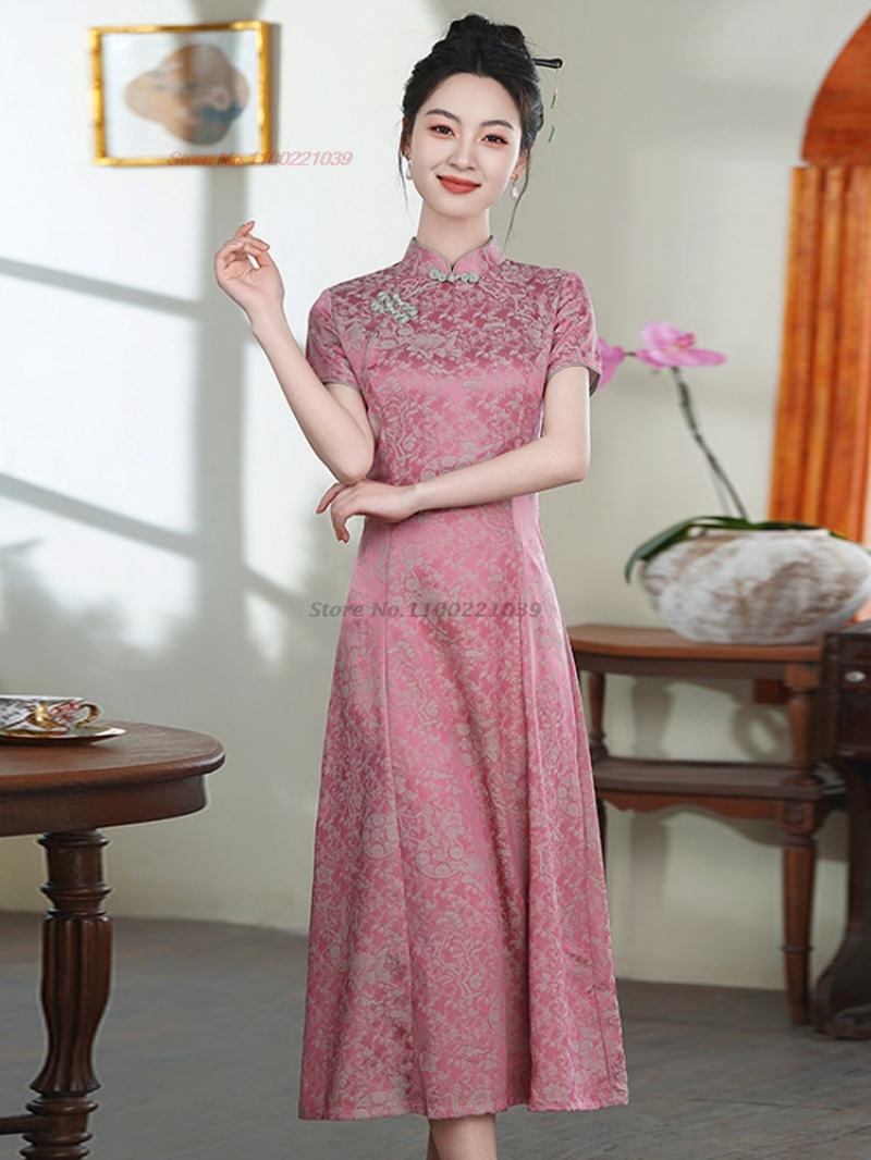 Ao Dai Vietnam Dress - 2026年ベトナムヴィンテージドレスアオザイ民族サテンジャカード民族衣装中国ヴィンテージ袍伝統的なイブニングパーティードレス袍
