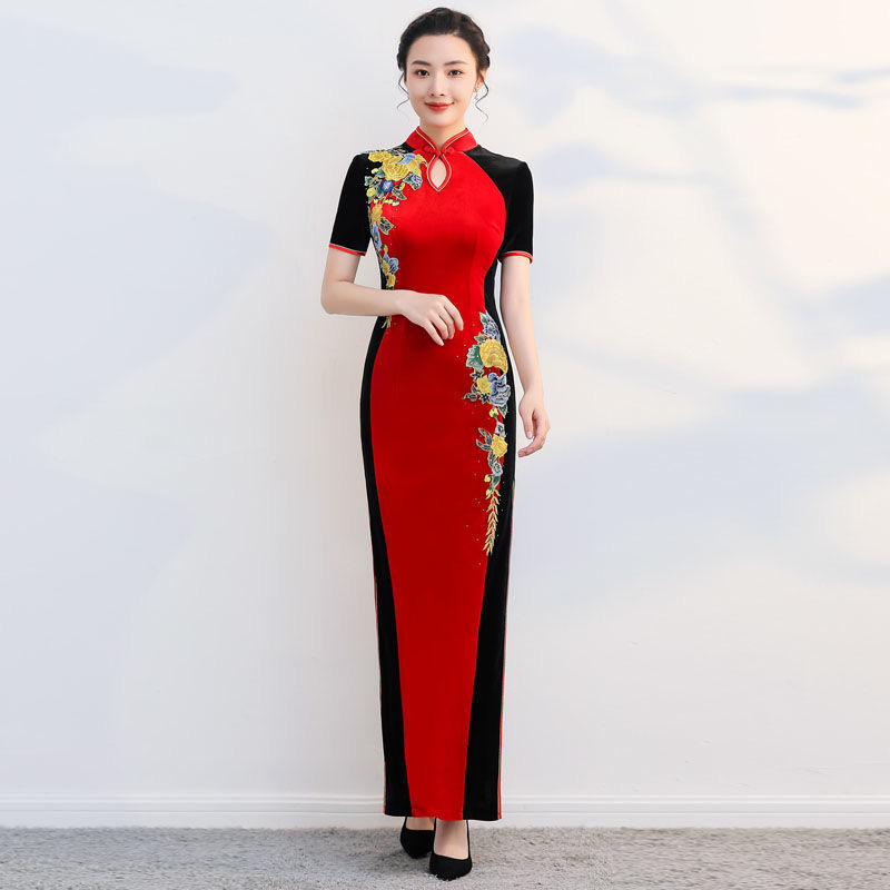 Ao Dai Vietnam Dress - 女性ベトナムアオザイチャイナドレス花刺繍伝統的なパフォーマンスウェディングパーティードレス