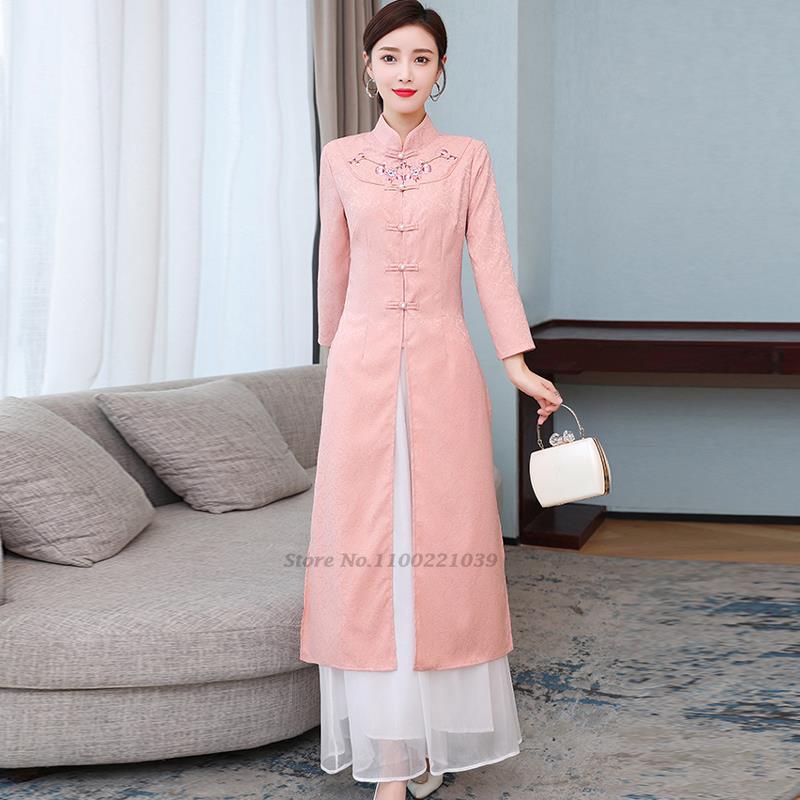 Ao Dai Vietnam Dress - 2026 ベトナム aodai 改良されたチャイナドレスレトロ花刺繍ドレス + パンツセット女性の伝統的なヴィンテージ