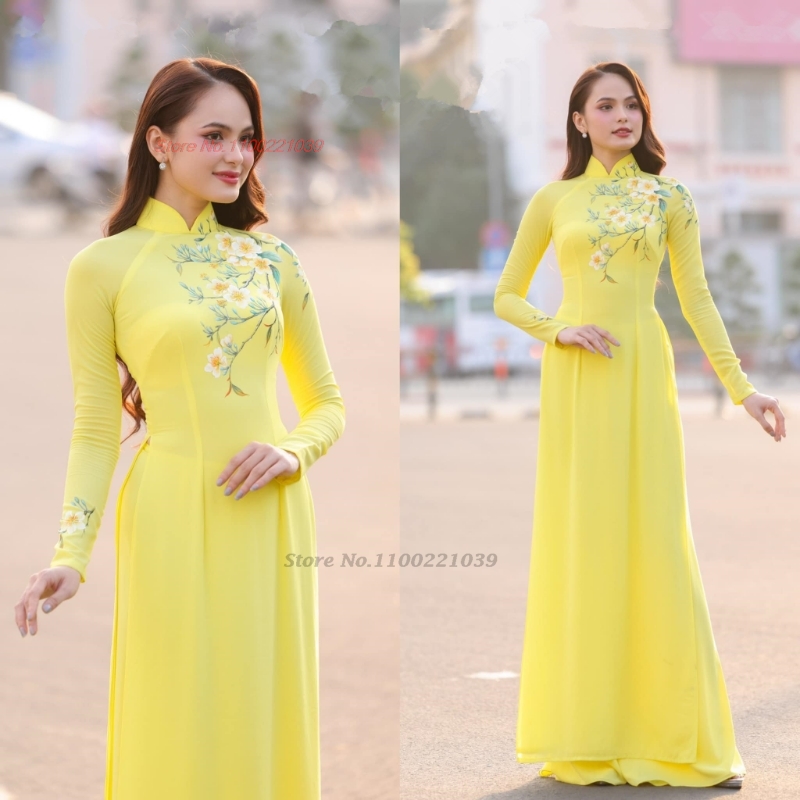Ao Dai Vietnam Dress - ﻿ 2026年伝統的なアオザイ改良版チャイナドレスベトナムドレスオリエンタルドレス+パンツセット国花刺繍ドレス袍ドレス
