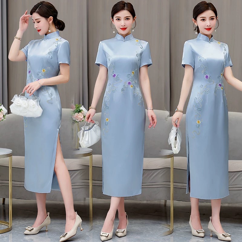 Ao Dai Vietnam Dress - 女性エスニックスタイル Aodai チャイナ花刺繍結婚式の宴会パーティードレスダンスパフォーマンスベトナム衣装
