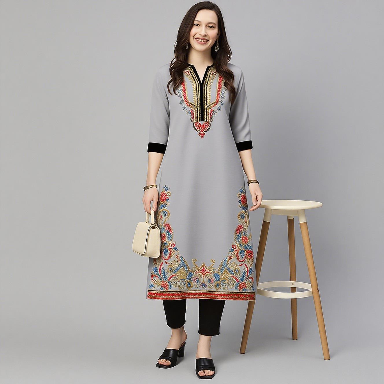 Ethnic Fashion Kurtis - ムスリム・クルト女性用カジュアルファッションドレス長袖ストレートチューブカジュアルエスニックフラワーカフタンモロッコ女性用ローブ