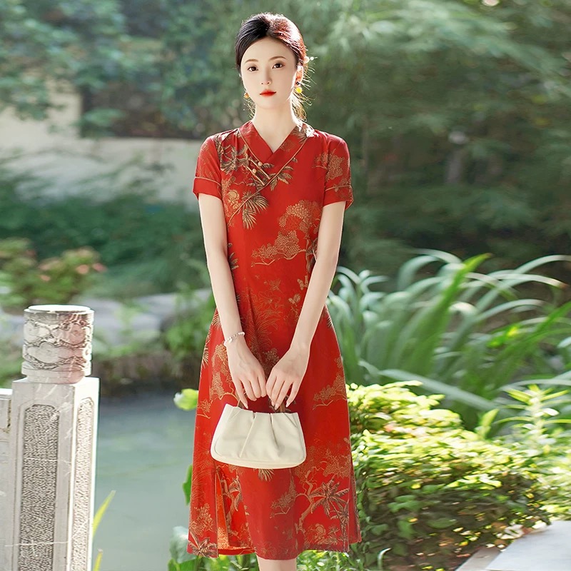 Ao Dai Vietnam Dress - ベトナム Aodai チャイナ ヴィンテージフラワープリント女性の伝統的な結婚式のパーティードレスステージパフォーマンス衣装