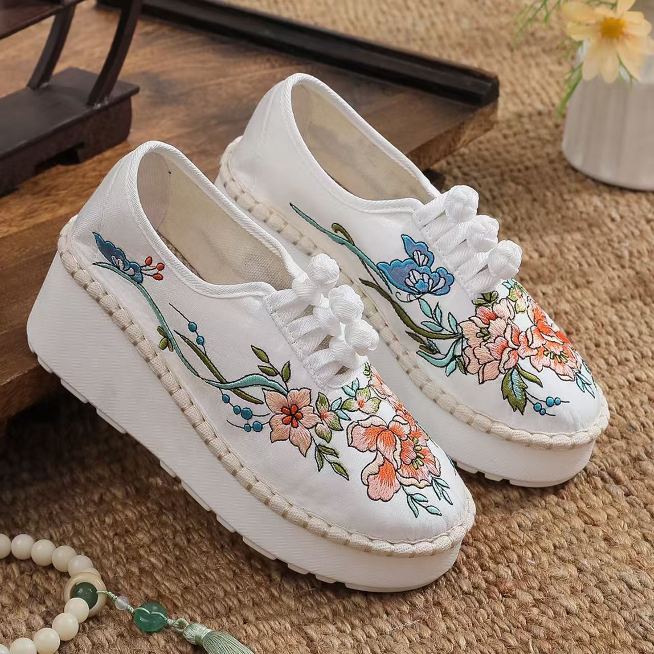 Ethnic Style - 女性用エスニックスタイル ウェッジソール 刺繍シューズ 春秋新作 厚底 ラウンドトゥ