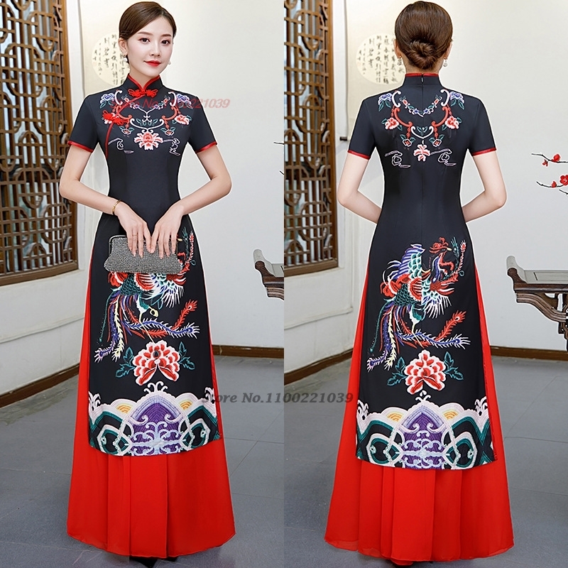 Ao Dai Vietnam Dress - 2026年改良版チャイナドレス、ヴィンテージ風フェニックス柄ベトナムアオザイドレス、エレガントな民族衣装、オリエンタルな宴会用イブニングドレス
