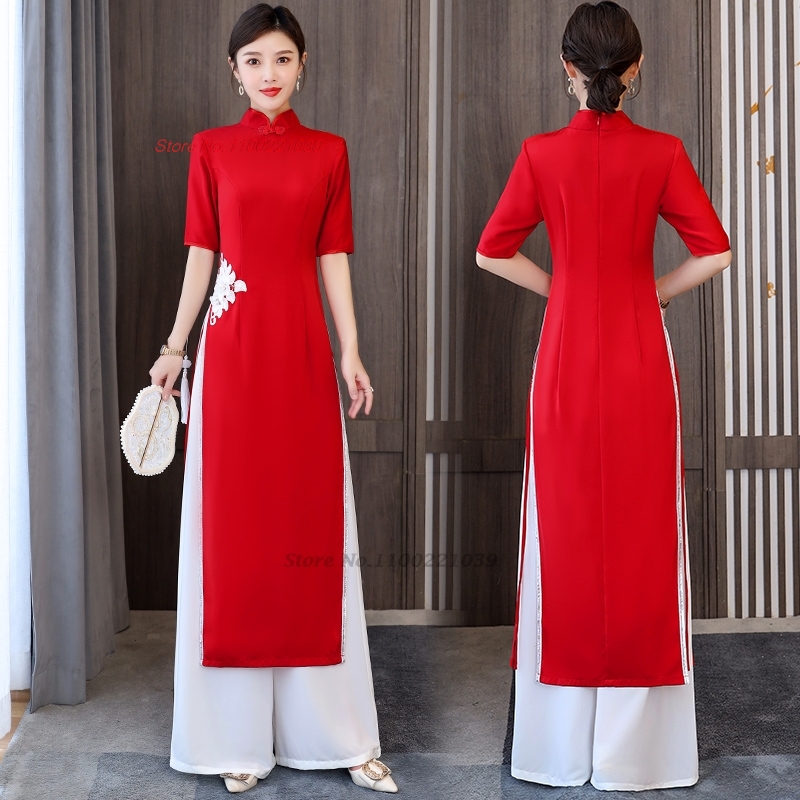 Ao Dai Vietnam Dress - 2026年ベトナムアオザイドレスチャイナドレス国花刺繍ドレス+パンツセット改良版旗袍中国宴会イブニングドレス旗袍