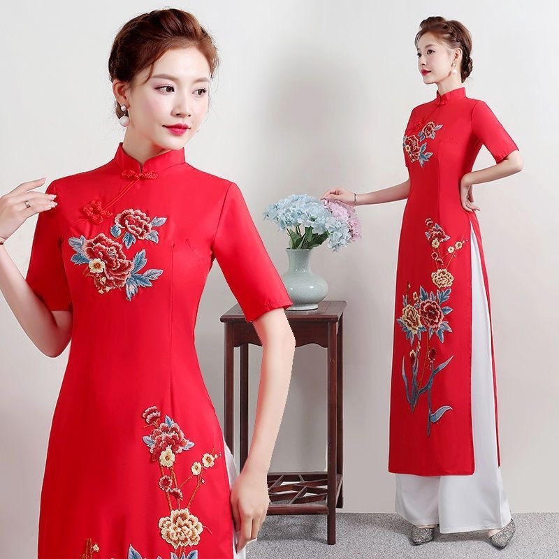 Ao Dai Vietnam Dress - 夏の女性の伝統的なベトナムアオザイチャイナスーツオリエンタルフラワー刺繍パーティーイブニングダンスドレス