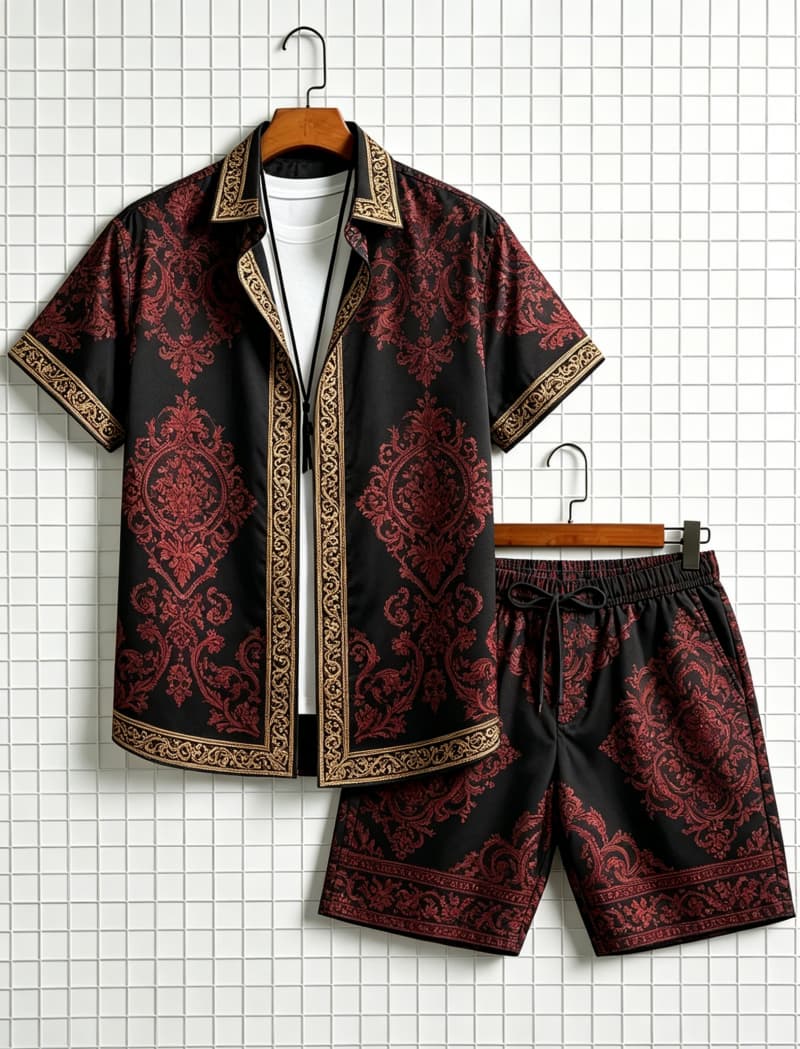 Ethnic Style - メンズエスニック柄プリント半袖シャツとショートパンツのセット、爽やかで上品なスタイル、普段着やアウトドア旅行に最適
