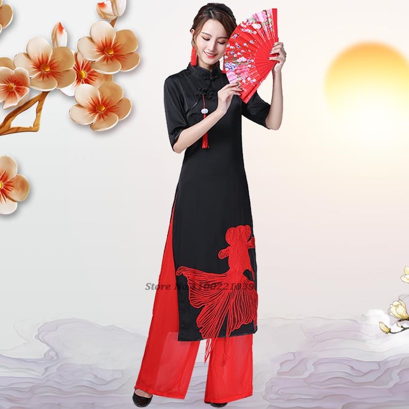 Ao Dai Vietnam Dress - 2026年ベトナムヴィンテージドレス民族魚刺繍旗袍ドレス+パンツセットオリエンタルレトロアオザイセットエレガント改良版チャイナドレス