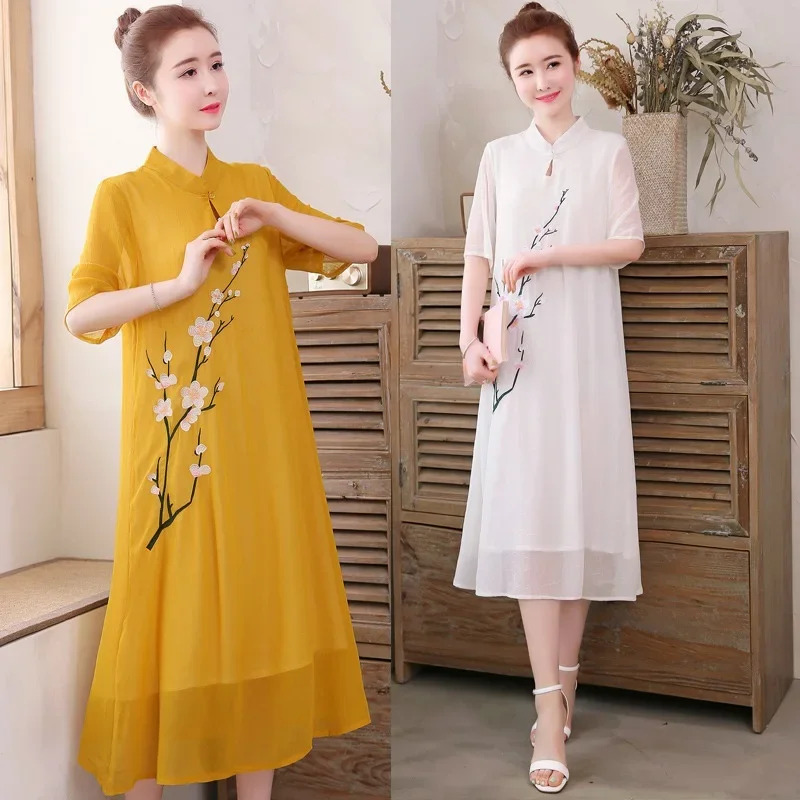 Ao Dai Vietnam Dress - 白い中国の袍チャイナドレス伝統的な袍ローブヴィンテージ女性ベトナム服アオザイドレス100 NM33