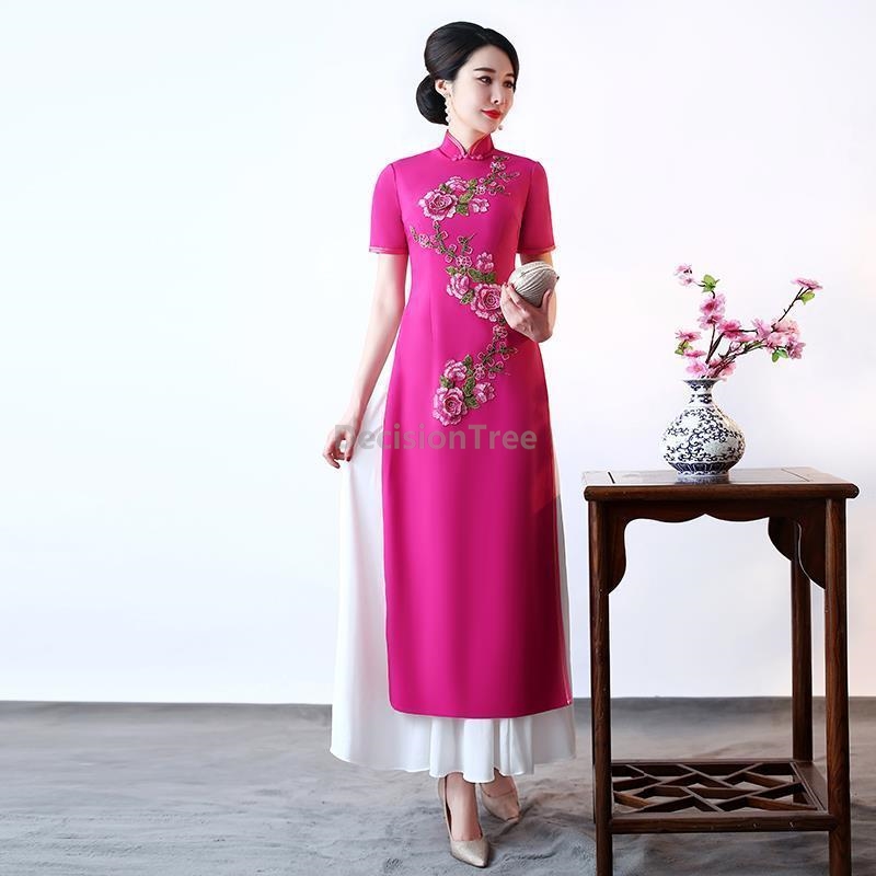 Ao Dai Vietnam Dress - 2026年ベトナムアオザイヴィンテージ改良版チャイナドレス優雅なマンダリンカラー刺繍旗袍新しいフェアリーパッチワークデイリー旗袍ドレス