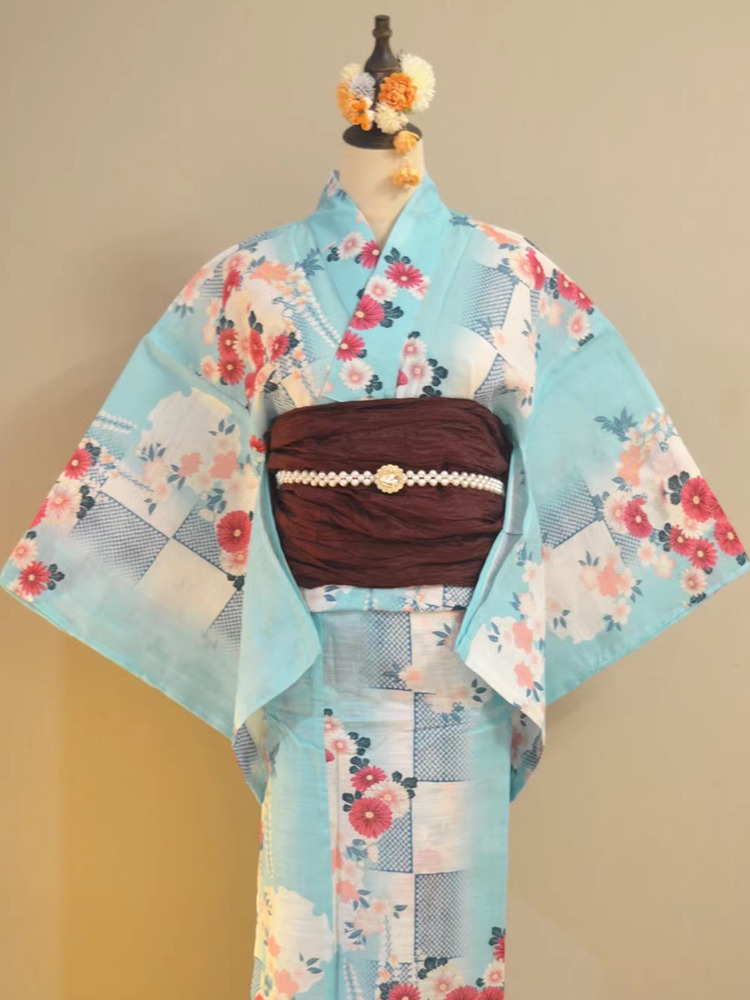 Ethnic Fashion Girls - 伝統的な浴衣着物綿麻素材ガールズドレス格子柄藤の花夏のファッションエスニック婦人服