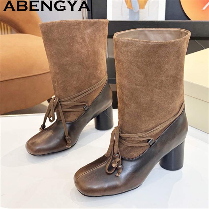 Ethnic Fashion Week - ABENGYA チャンキーヒールミッドカーフブーツ女性品質本革ラウンドトゥパンクブーツ冬のファッションウィークチェルシーアンクルブーツ女性