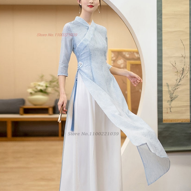 Ao Dai Vietnam Dress - 2026年伝統的なベトナムドレスアオザイ、国花柄改良版チャイナドレス、ヴィンテージVネック袍、中国民族衣装袍