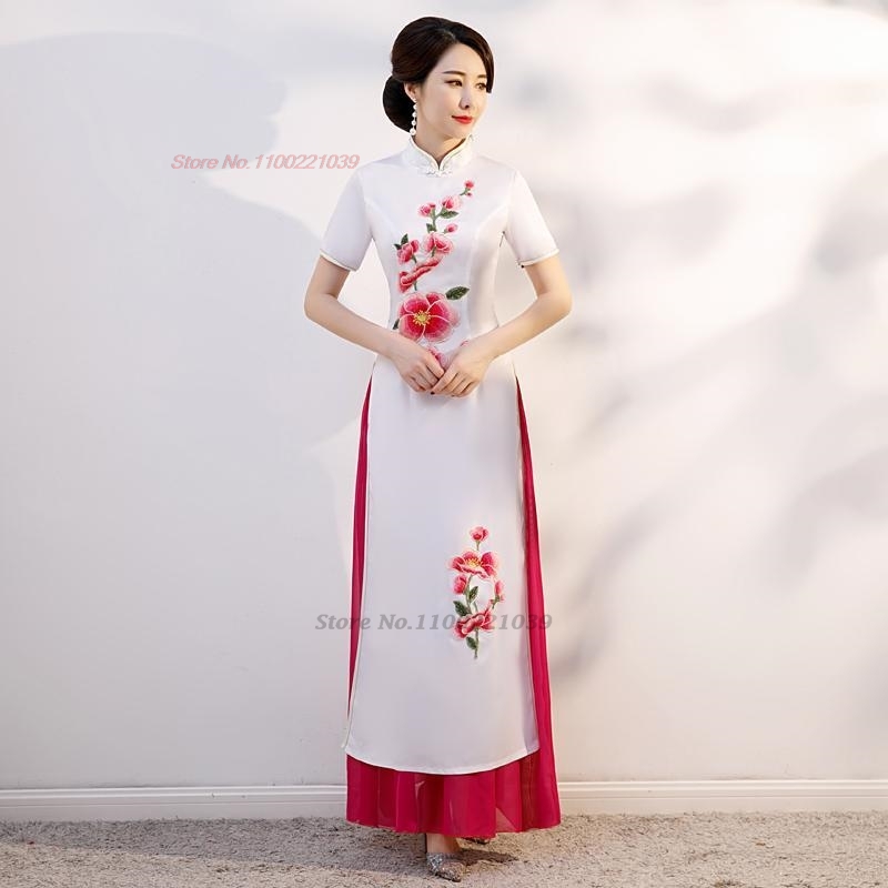 Ao Dai Vietnam Dress - 2026年ベトナムドレスアオザイ伝統的な中国のヴィンテージ旗袍ドレス国花刺繍改良されたチャイナドレスオリエンタルドレス