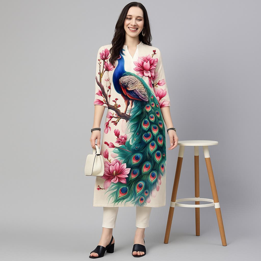 孔雀柄レディースカジュアルファッションドレス長袖ストレートチ - Ethnic Fashion Kurtis のレビューと価格