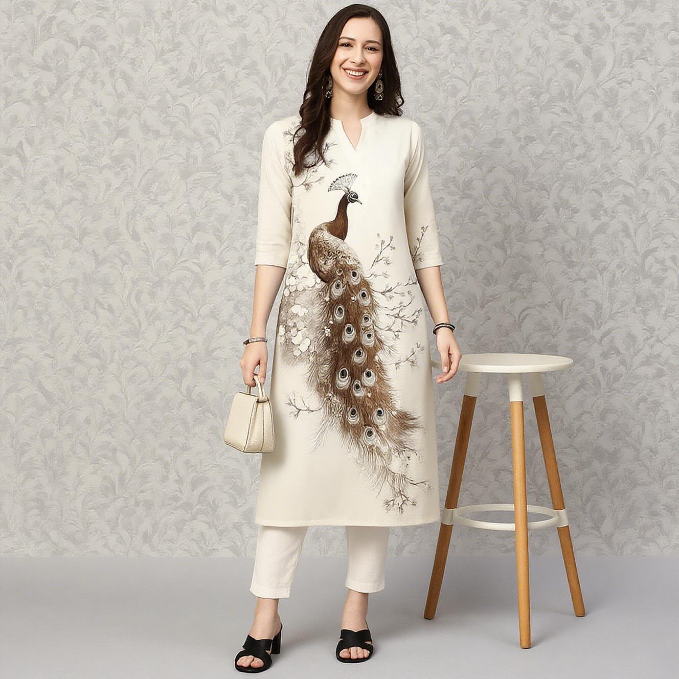 孔雀柄レディースカジュアルファッションドレス長袖ストレートチ - Ethnic Fashion Kurtis のレビューと価格