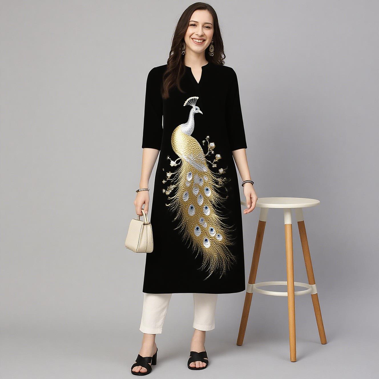 孔雀柄レディースカジュアルファッションドレス長袖ストレートチ - Ethnic Fashion Kurtis のレビューと価格