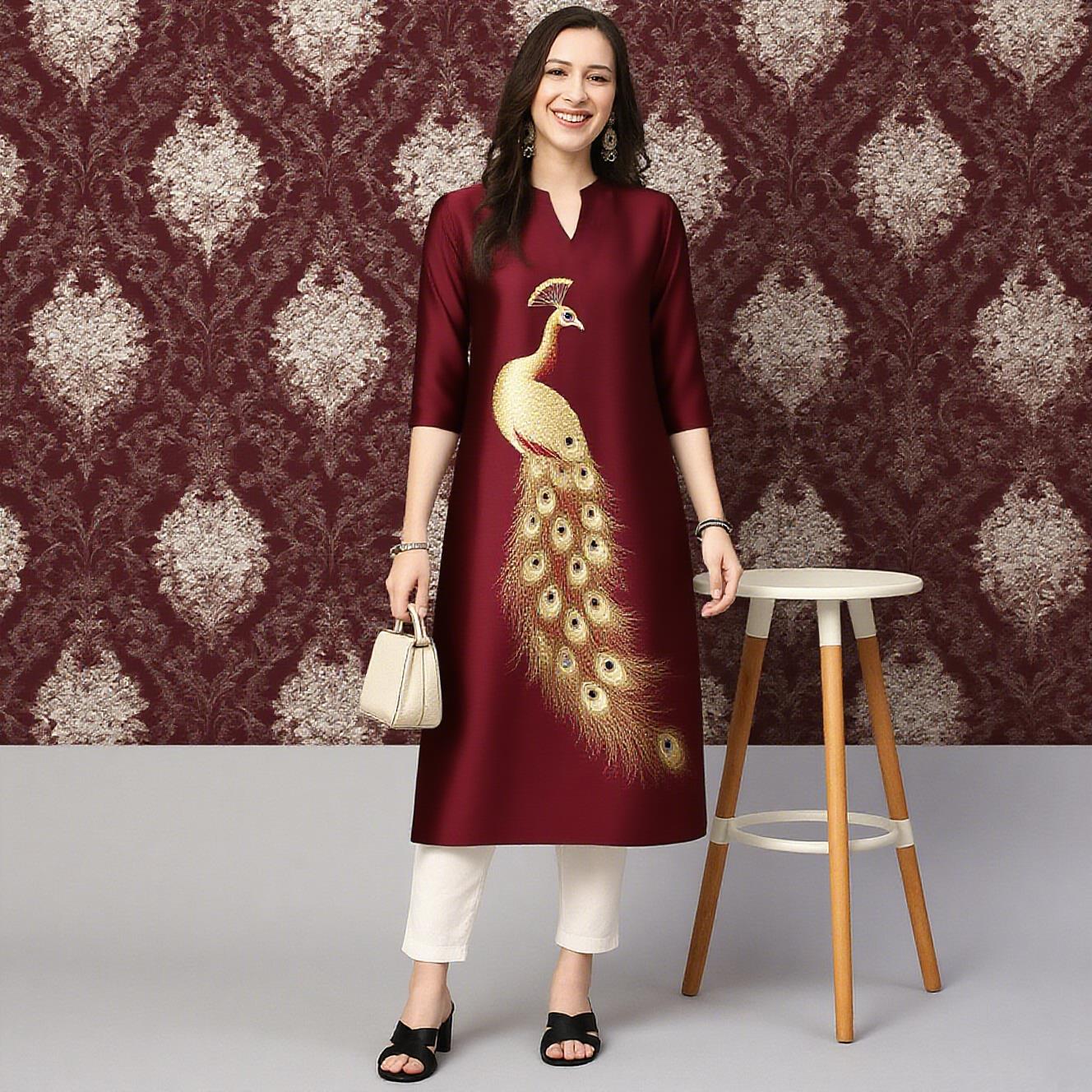 孔雀柄レディースカジュアルファッションドレス長袖ストレートチ - Ethnic Fashion Kurtis のレビューと価格