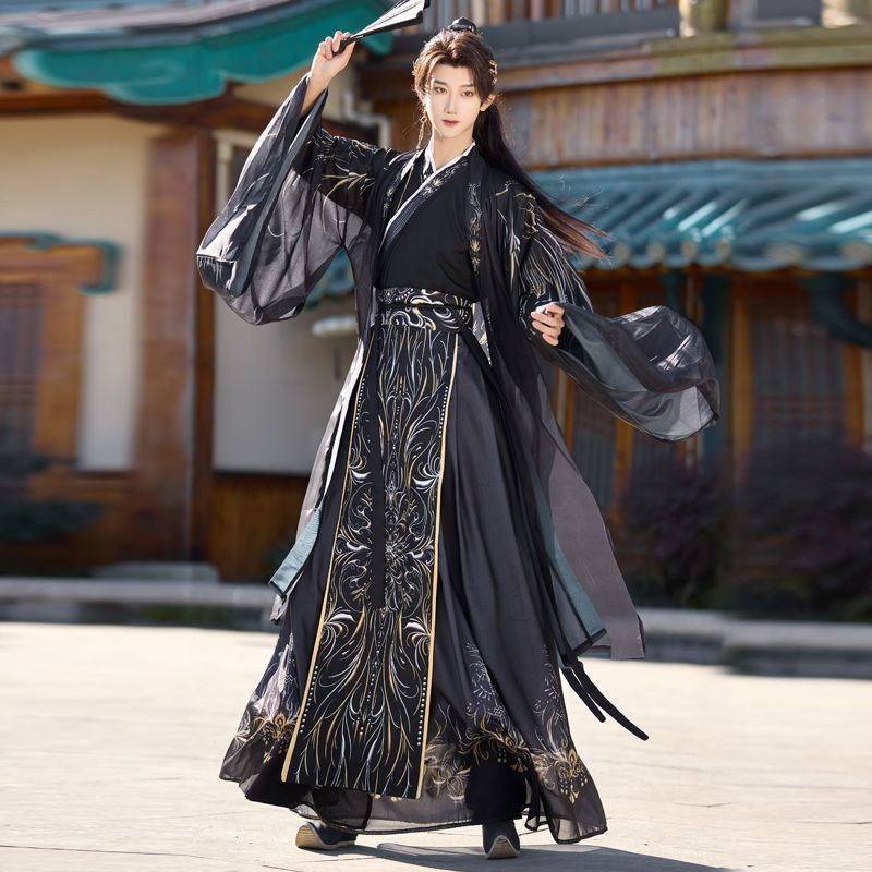 ダークブラックプリント男性漢服 新スタイル 魏晋ファッション - Ethnic Wear In Fashion のレビューと価格