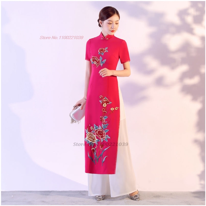 2026 ベトナム伝統的なアオダイセット国花刺繍ヴィンテージ - Ao Dai Vietnam Dress のレビューと価格