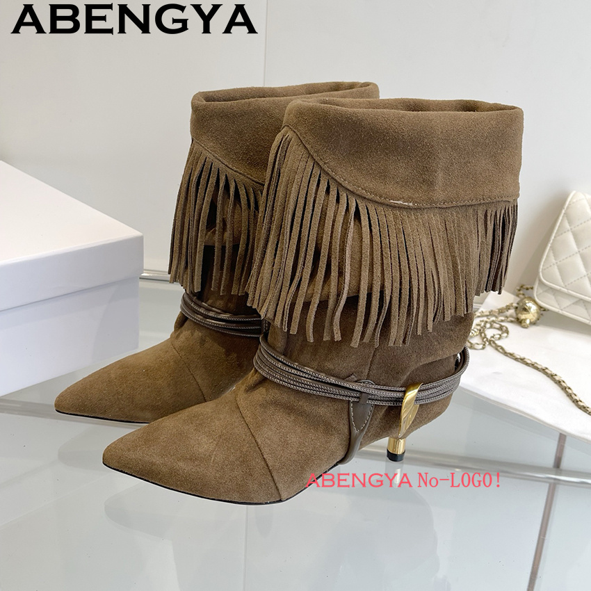 スエードレザーエッジタッセルデザインチェルシーブーツ女性ファ - Ethnic Fashion In のレビューと価格