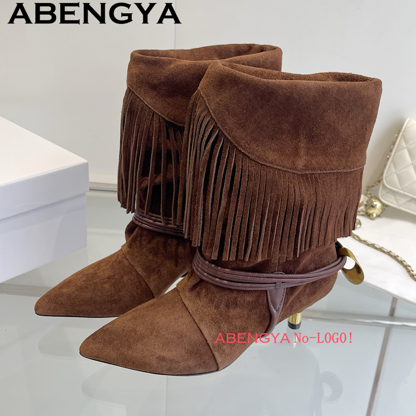 スエードレザーエッジタッセルデザインチェルシーブーツ女性ファ - Ethnic Fashion In のレビューと価格