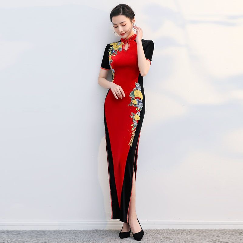 女性ベトナムアオザイチャイナドレス花刺繍伝統的なパフォーマン - Ao Dai Vietnam Dress のレビューと価格