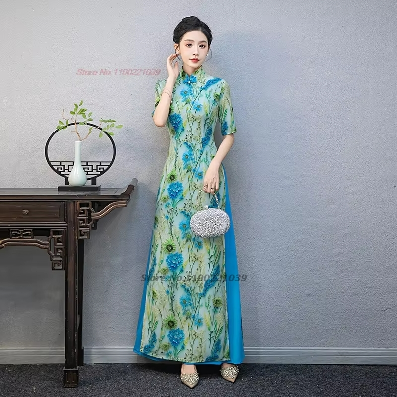 2026年ベトナムの伝統衣装、アオダイ、国花柄の改良型チャイ - Ao Dai Vietnam Dress のレビューと価格