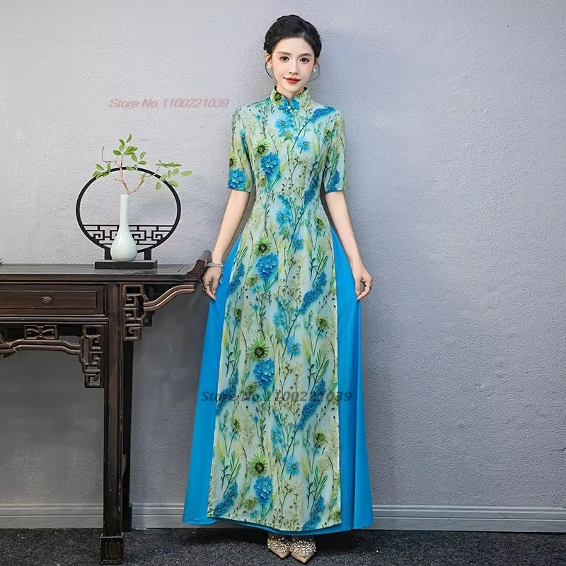 2026年ベトナムの伝統衣装、アオダイ、国花柄の改良型チャイ - Ao Dai Vietnam Dress のレビューと価格