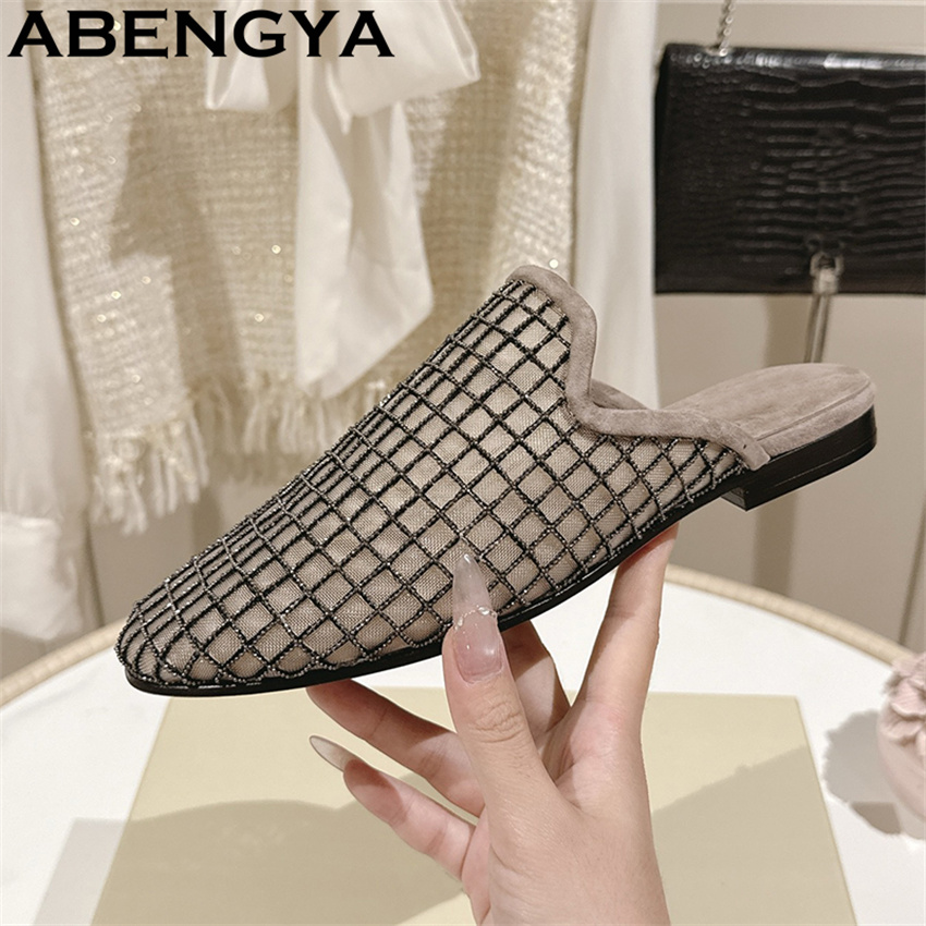 光沢のあるレースメッシュラウンドトゥフラットスリッパ レディ - Ethnic Fashion In のレビューと価格