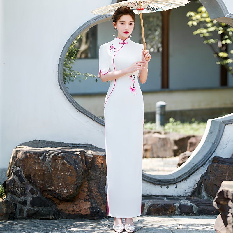 女性アオダイベトナムドレス半袖オリエンタルフラワー刺繍パーテ - Ao Dai Vietnam Dress のレビューと価格