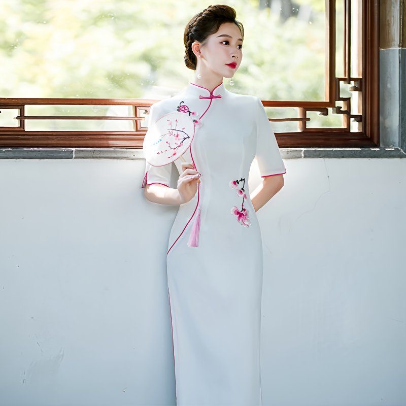 女性アオダイベトナムドレス半袖オリエンタルフラワー刺繍パーテ - Ao Dai Vietnam Dress のレビューと価格
