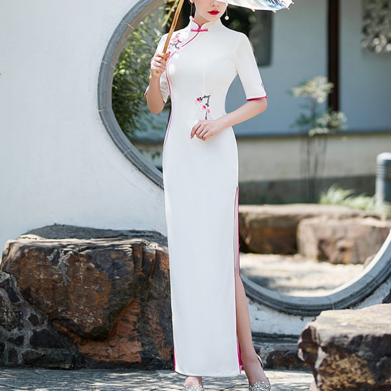 女性アオダイベトナムドレス半袖オリエンタルフラワー刺繍パーテ - Ao Dai Vietnam Dress のレビューと価格
