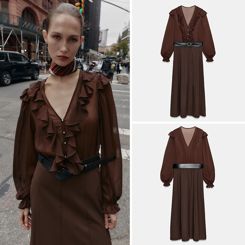 エレガントなVネック長袖ミディ丈ワンピース　新作秋レディース - Ethnic Wear In Fashion のレビューと価格