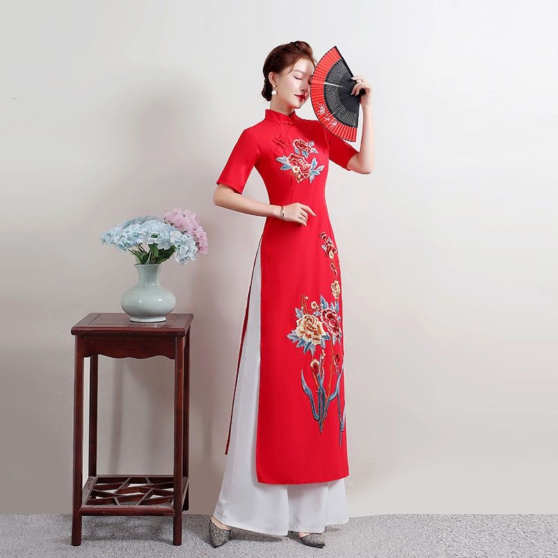 夏の女性の伝統的なベトナムアオザイチャイナスーツオリエンタル - Ao Dai Vietnam Dress のレビューと価格
