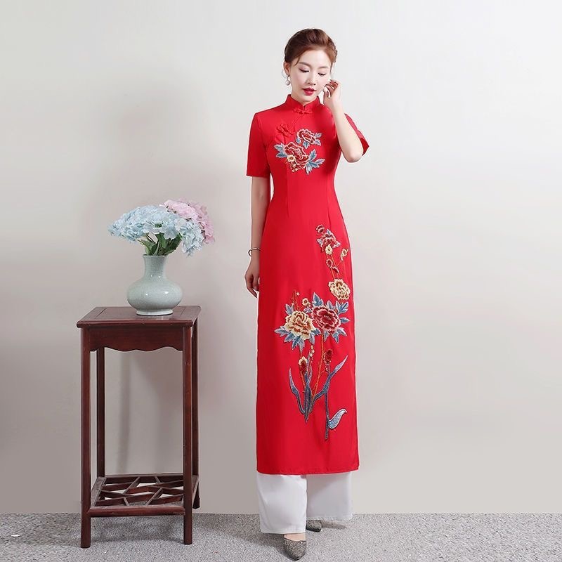 夏の女性の伝統的なベトナムアオザイチャイナスーツオリエンタル - Ao Dai Vietnam Dress のレビューと価格