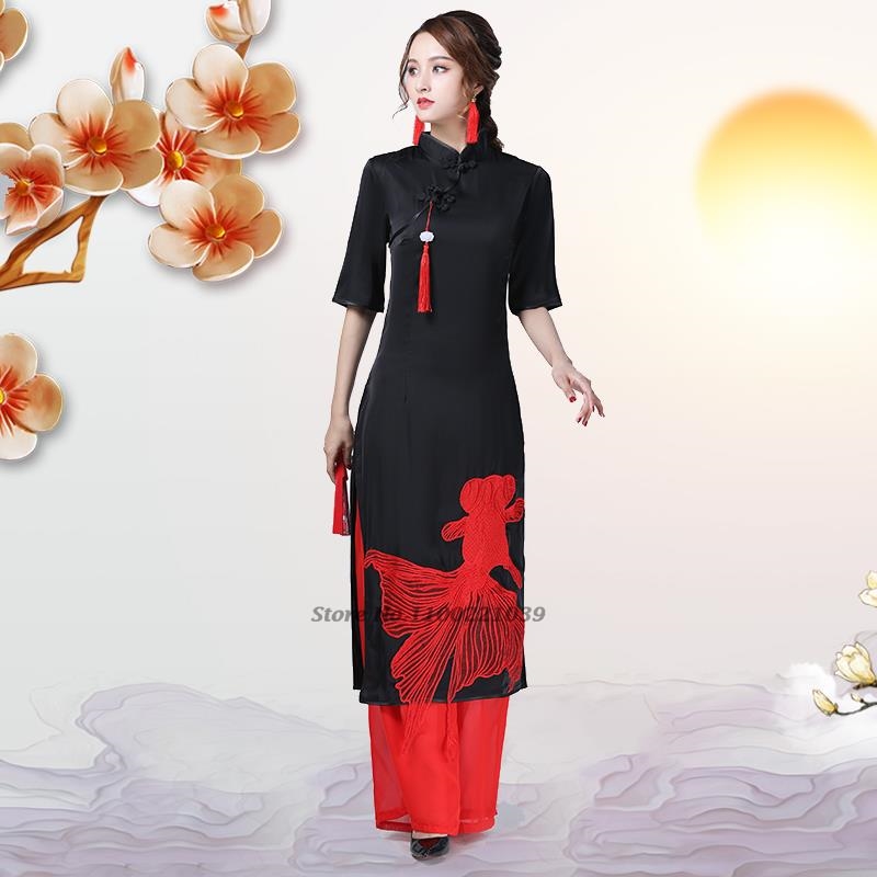 2026年ベトナムヴィンテージドレス民族魚刺繍旗袍ドレス+パ - Ao Dai Vietnam Dress のレビューと価格