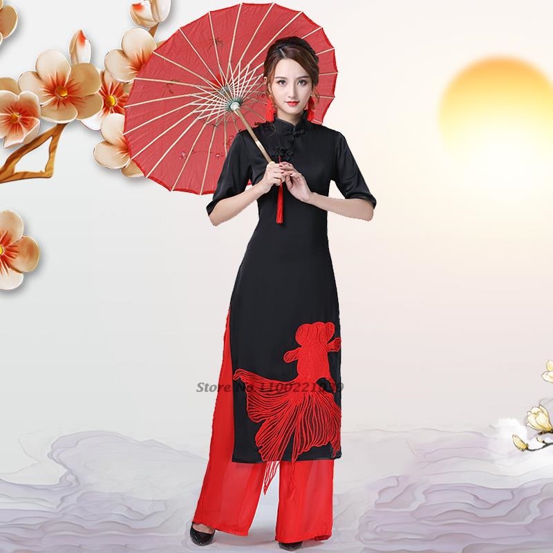 2026年ベトナムヴィンテージドレス民族魚刺繍旗袍ドレス+パ - Ao Dai Vietnam Dress のレビューと価格