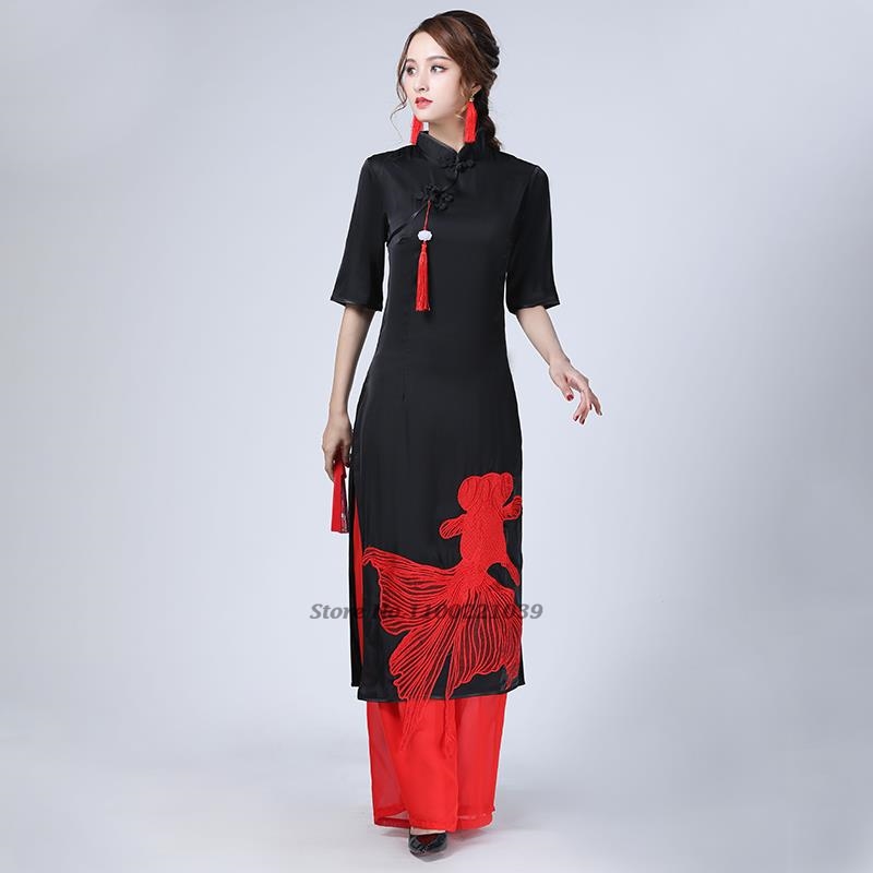 2026年ベトナムヴィンテージドレス民族魚刺繍旗袍ドレス+パ - Ao Dai Vietnam Dress のレビューと価格
