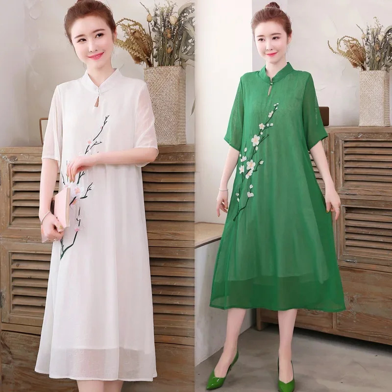 白い中国の袍チャイナドレス伝統的な袍ローブヴィンテージ女性ベ - Ao Dai Vietnam Dress のレビューと価格